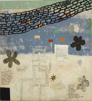 Citizen by Squeak Carnwath. Oil and alkyd on canvas over panel at Tayloe Piggott Gallery